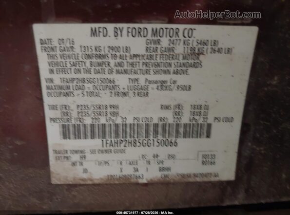1FAHP2H85GG150066 2016 FORD TAURUS Maroon Engine compartment view