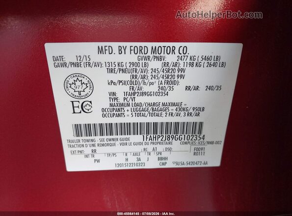 1FAHP2J89GG102354 2016 FORD TAURUS Red ძრავის განყოფილების ხედი