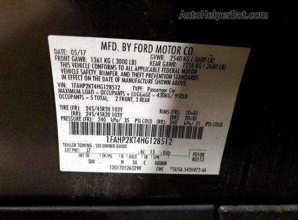 1FAHP2KT4HG128512 2017 FORD TAURUS Gray Vista de la etiqueta del VIN
