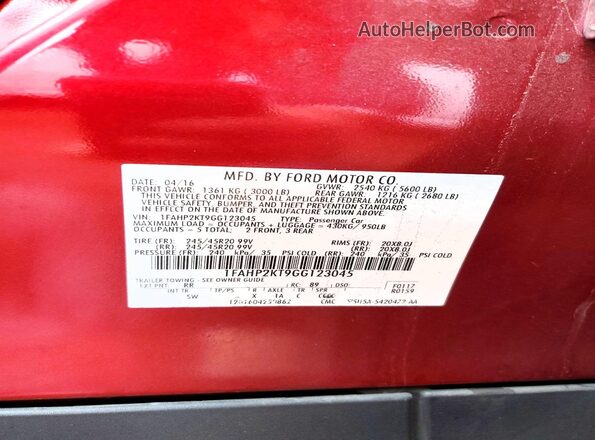 1FAHP2KT9GG123045 2016 FORD TAURUS Red VIN კოდის სტიკერის ხედი