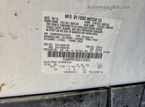 1FAHP2KTXGG143305 2016 FORD TAURUS White Vista de la etiqueta del VIN