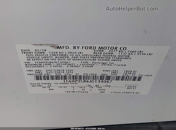 1FAHP2L86JG134067 2018 FORD POLICE INTERCEPTOR White Вид підкапотного простору