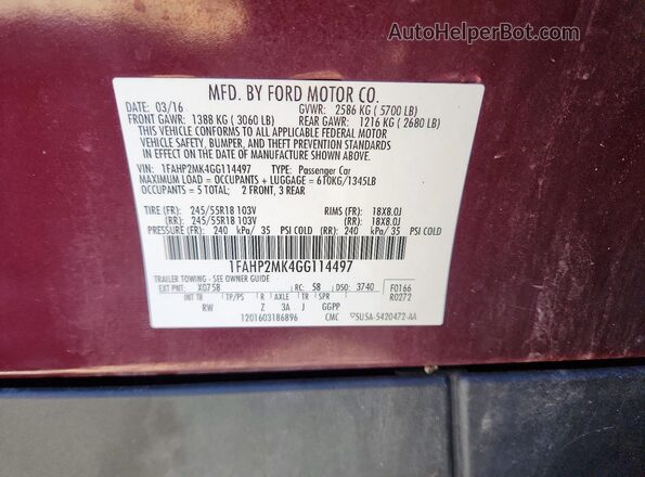 1FAHP2MK4GG114497 2016 FORD TAURUS Maroon VIN կոդի պիտակի տեսք