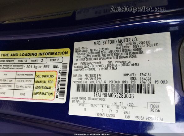 1FATP8EM0G5280038 2016 FORD MUSTANG Blue Widok komory silnika