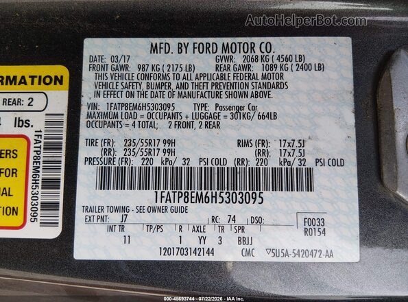1FATP8EM6H5303095 2017 FORD MUSTANG Gray Շարժիչի բաժամունքի տեսք