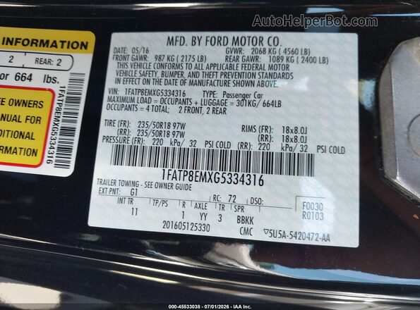 1FATP8EMXG5334316 2016 FORD MUSTANG Black ძრავის განყოფილების ხედი