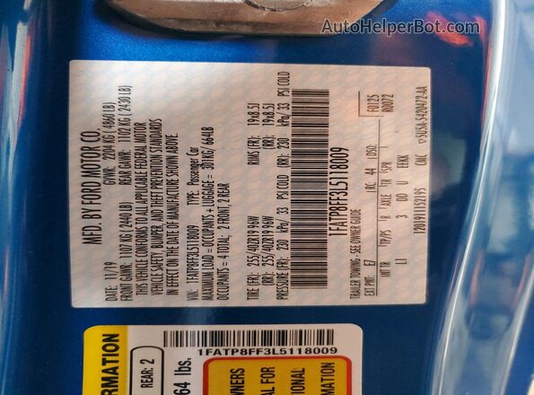 1FATP8FF3L5118009 2020 FORD MUSTANG Blue Vista del compartimento del motor