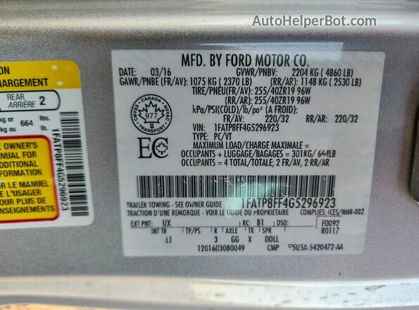 1FATP8FF4G5296923 2016 FORD MUSTANG Silver Вид наклейки з VIN-кодом