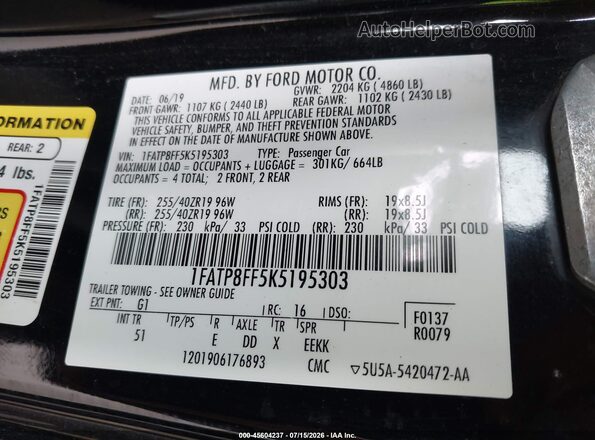 1FATP8FF5K5195303 2019 FORD MUSTANG Black Widok komory silnika