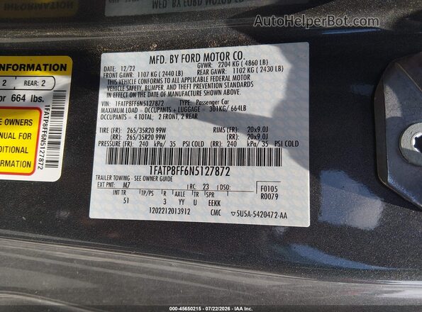 1FATP8FF6N5127872 2022 FORD MUSTANG Gray Շարժիչի բաժամունքի տեսք