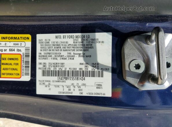 1FATP8FF7J5181434 2018 FORD MUSTANG Синий Вид наклейки с VIN-кодом