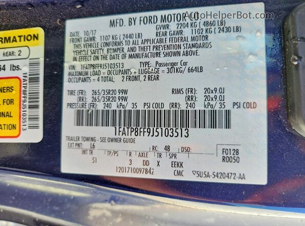 1FATP8FF9J5103513 2018 FORD MUSTANG Blue VIN sticker view