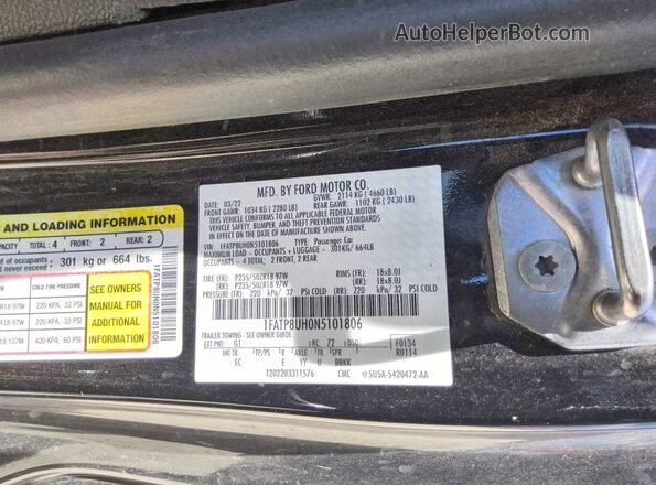 1FATP8UH0N5101806 2022 FORD MUSTANG Black Widok naklejki z numerem VIN