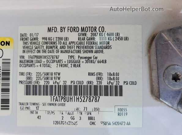 1FATP8UH1H5278787 2017 FORD MUSTANG White Widok naklejki z numerem VIN