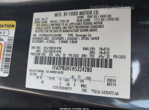 1FATP8UH1H5324280 2017 FORD MUSTANG Gray Widok komory silnika