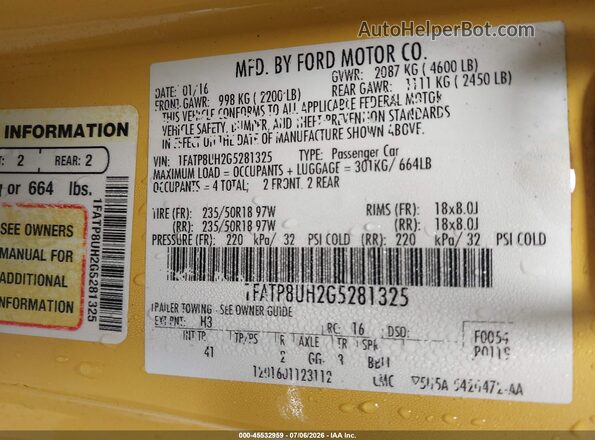 1FATP8UH2G5281325 2016 FORD MUSTANG Yellow Շարժիչի բաժամունքի տեսք