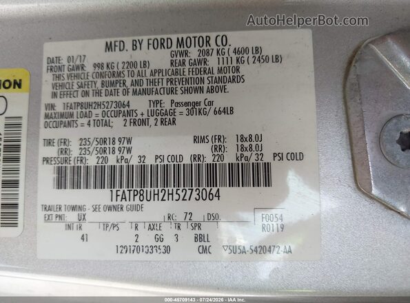 1FATP8UH2H5273064 2017 FORD MUSTANG Серебряный Вид подкапотного пространства