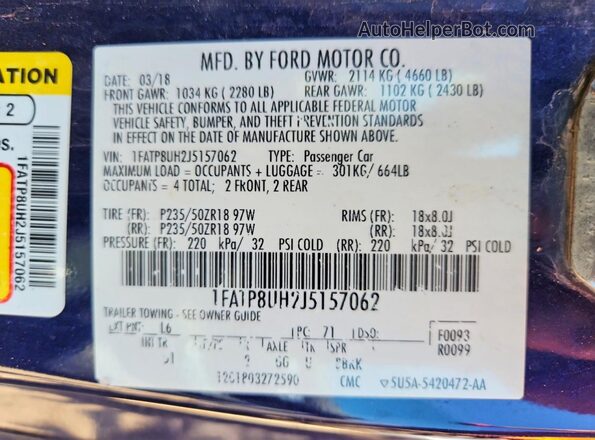 1FATP8UH2J5157062 2018 FORD MUSTANG Blue Vista del compartimento del motor