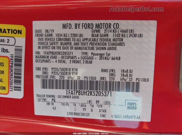 1FATP8UH2K5205371 2019 FORD MUSTANG Red ძრავის განყოფილების ხედი