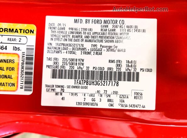1FATP8UH3G5217178 2016 FORD MUSTANG Red VIN կոդի պիտակի տեսք