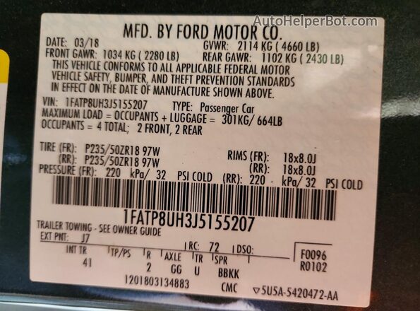 1FATP8UH3J5155207 2018 FORD MUSTANG Серый Вид подкапотного пространства