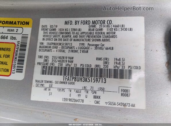 1FATP8UH3K5159713 2019 FORD MUSTANG Silver Вид підкапотного простору