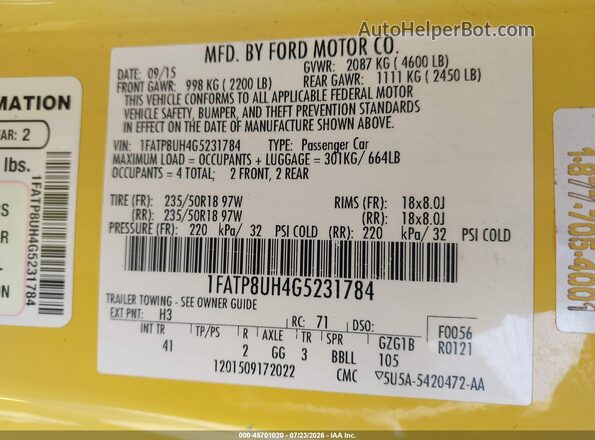 1FATP8UH4G5231784 2016 FORD MUSTANG Желтый Вид подкапотного пространства