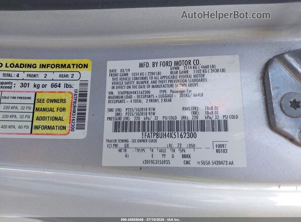 1FATP8UH4K5162300 2019 FORD MUSTANG Gray Vista del compartimento del motor