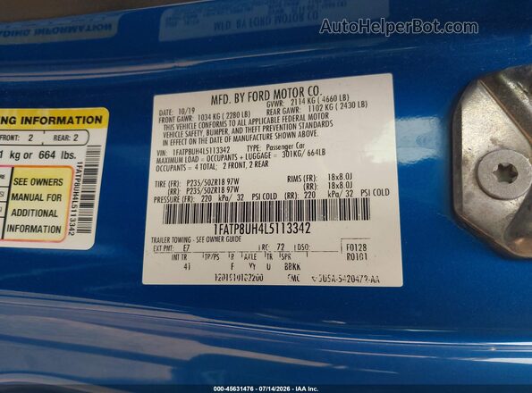 1FATP8UH4L5113342 2020 FORD MUSTANG Синий Вид подкапотного пространства