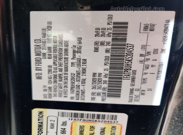 1FATP8UH5K5204537 2019 FORD MUSTANG Black VIN կոդի պիտակի տեսք