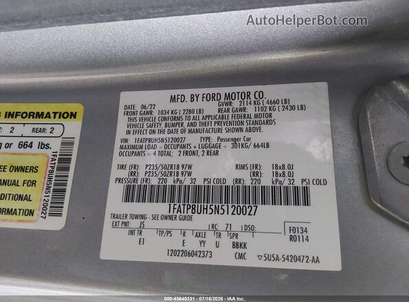 1FATP8UH5N5120027 2022 FORD MUSTANG Silver Engine compartment view