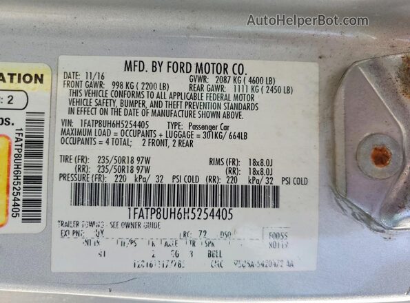 1FATP8UH6H5254405 2017 FORD MUSTANG Silver VIN sticker view