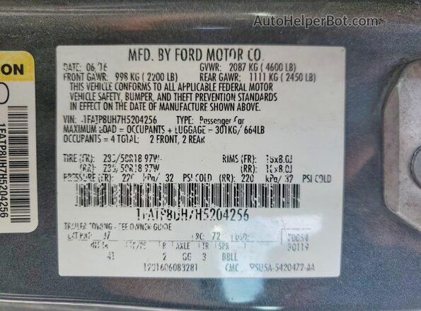 1FATP8UH7H5204256 2017 FORD MUSTANG Серый Вид наклейки с VIN-кодом