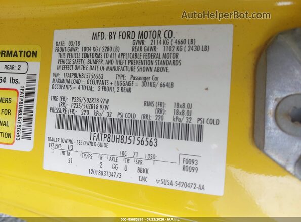 1FATP8UH8J5156563 2018 FORD MUSTANG Yellow Vista del compartimento del motor