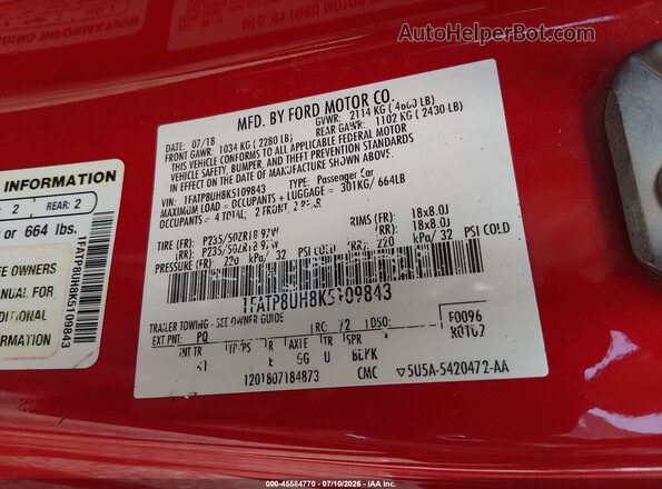 1FATP8UH8K5109843 2019 FORD MUSTANG Red ძრავის განყოფილების ხედი