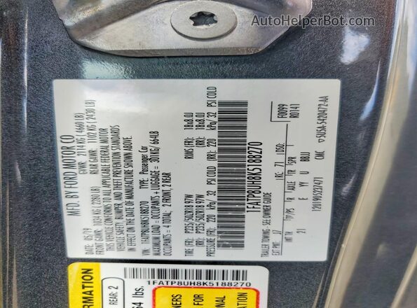 1FATP8UH8K5188270 2019 FORD MUSTANG Gray VIN կոդի պիտակի տեսք