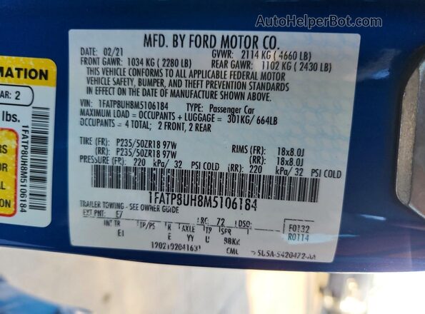 1FATP8UH8M5106184 2021 FORD MUSTANG Blue Vista del compartimento del motor