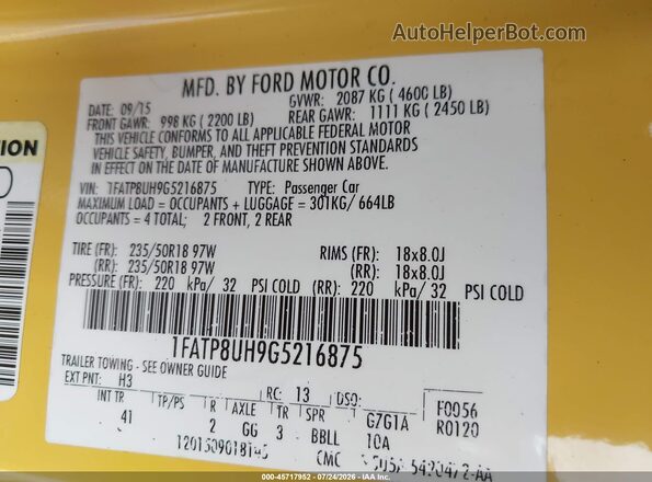 1FATP8UH9G5216875 2016 FORD MUSTANG Yellow ძრავის განყოფილების ხედი