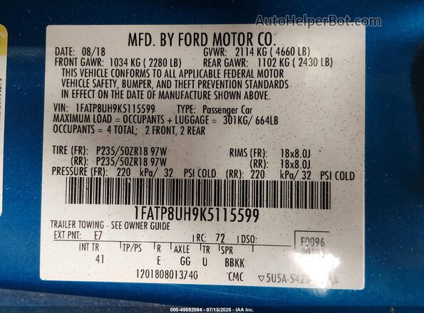 1FATP8UH9K5115599 2019 FORD MUSTANG Blue VIN კოდის სტიკერის ხედი