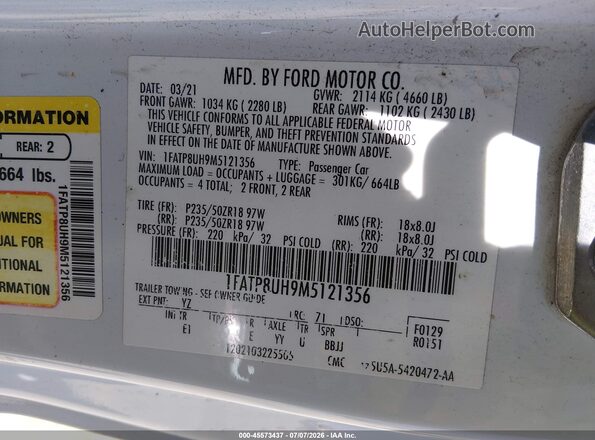 1FATP8UH9M5121356 2021 FORD MUSTANG Белый Вид подкапотного пространства