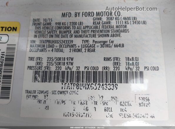 1FATP8UHXG5243339 2016 FORD MUSTANG White Vista del compartimento del motor