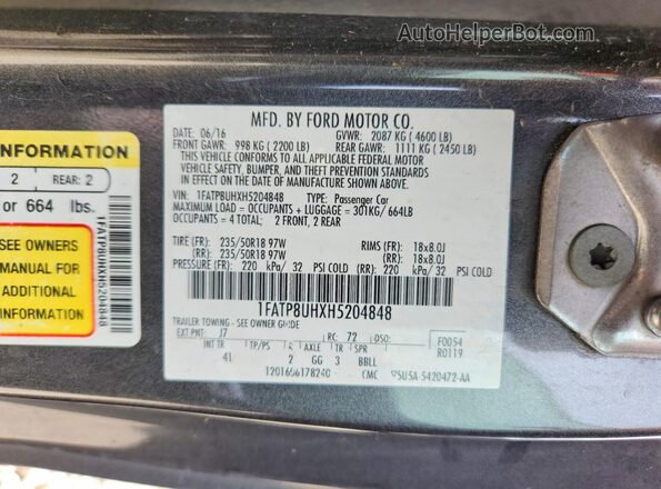 1FATP8UHXH5204848 2017 FORD MUSTANG Gray Engine compartment view