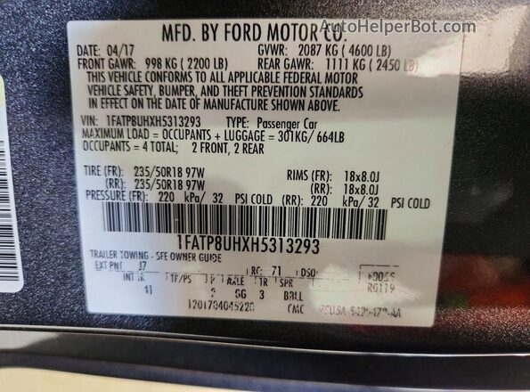 1FATP8UHXH5313293 2017 FORD MUSTANG Gray Вид підкапотного простору
