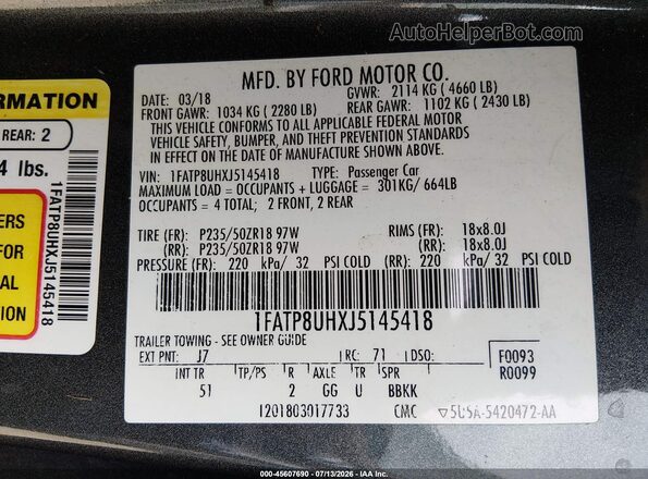 1FATP8UHXJ5145418 2018 FORD MUSTANG Gray Widok komory silnika