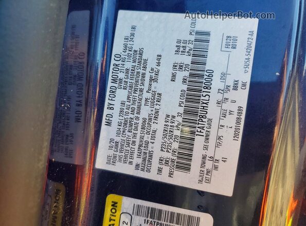 1FATP8UHXL5180060 2020 FORD MUSTANG Blue ძრავის განყოფილების ხედი