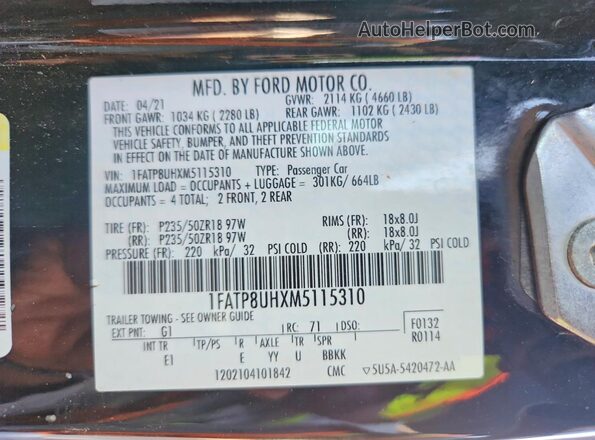 1FATP8UHXM5115310 2021 FORD MUSTANG Black Շարժիչի բաժամունքի տեսք