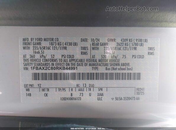 1FBAX2C80RKB44991 2024 FORD TRANSIT-350 White Engine compartment view