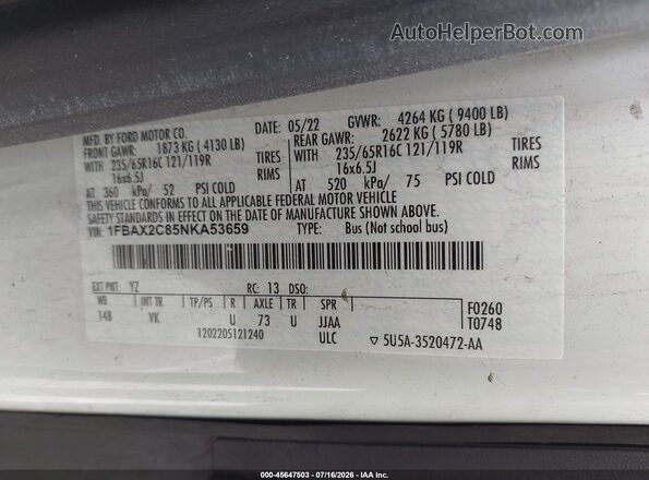 1FBAX2C85NKA53659 2022 FORD TRANSIT-350 White Շարժիչի բաժամունքի տեսք