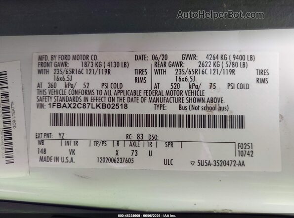 1FBAX2C87LKB02518 2020 FORD TRANSIT-350 White Vista del compartimento del motor