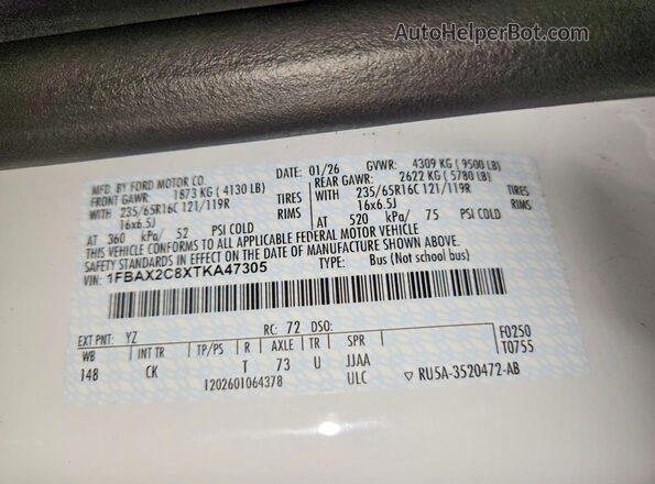 1FBAX2C8XTKA47305 2026 FORD TRANSIT White Вид наклейки з VIN-кодом